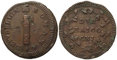 Roma. Prima Repubblica Romana (1798-1799). 2 Baiocchi, Senza Data. Gig.12; Cu; 20,38gr; 35,8. Nc