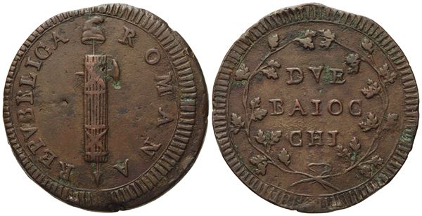 ROMA. Prima Repubblica Romana (1798-1799). 2 baiocchi, senza data. Gig.12; Cu; 20,38gr; 35,8. NC