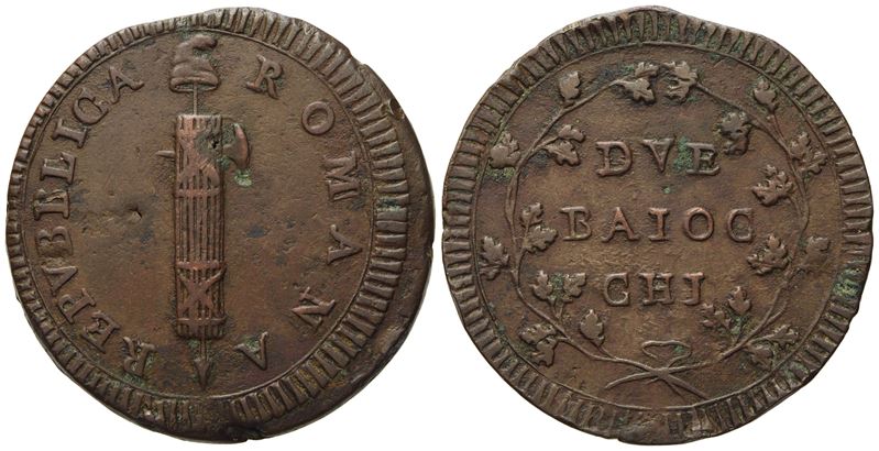Roma. Prima Repubblica Romana (1798-1799). 2 Baiocchi, Senza Data. Gig.12; Cu; 20,38gr; 35,8. Nc