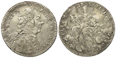 Stato Pontificio. Roma. Pio Vi (1775 - 1799). Doppio Giulio, Quinto di Scudo 1780, Anno Vi. Ag (g...