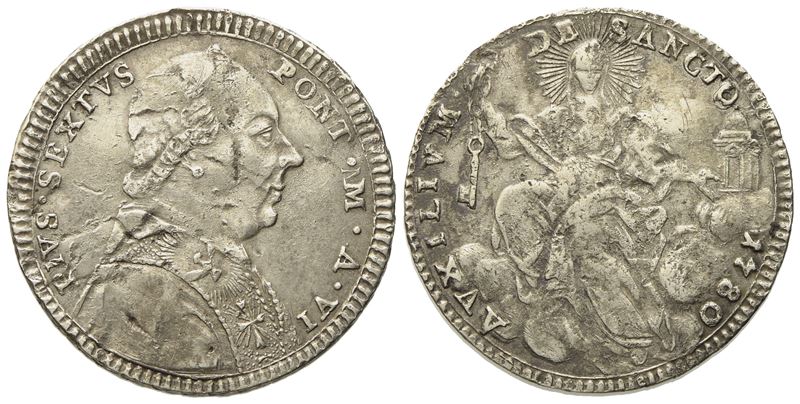 Stato Pontificio. Roma. Pio Vi (1775 - 1799). Doppio Giulio, Quinto di Scudo 1780, Anno Vi. Ag (g...