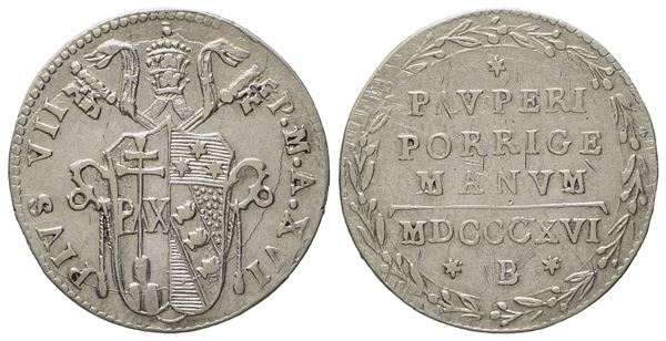 STATO PONTIFICIO. BOLOGNA. Pio VII (1800-1823). Grosso, mezzo paolo 1816, anno XVI. Gig.46; Ag; 1,32gr; 17,8mm.