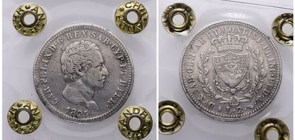 REGNO DI SARDEGNA. TORINO. Carlo Felice (1821-1831). 2 Lire 1825. Gig.58; Ag; 10gr; Rara. Sigillata Hatria