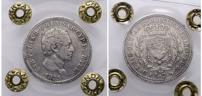 Regno di Sardegna. Torino. Carlo Felice (1821-1831). 2 Lire 1825. Gig.58; Ag; 10gr; Rara. Sigilla...