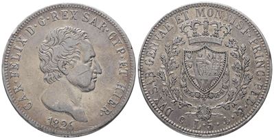 Regno di Sardegna. Genova. Carlo Felice (1821-1831). 5 Lire 1826. Gig.43; Ag; 24,8gr; 37mm