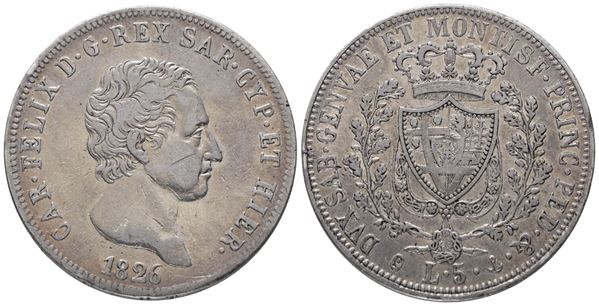 REGNO DI SARDEGNA. GENOVA. Carlo Felice (1821-1831). 5 Lire 1826. Gig.43; Ag; 24,8gr; 37mm