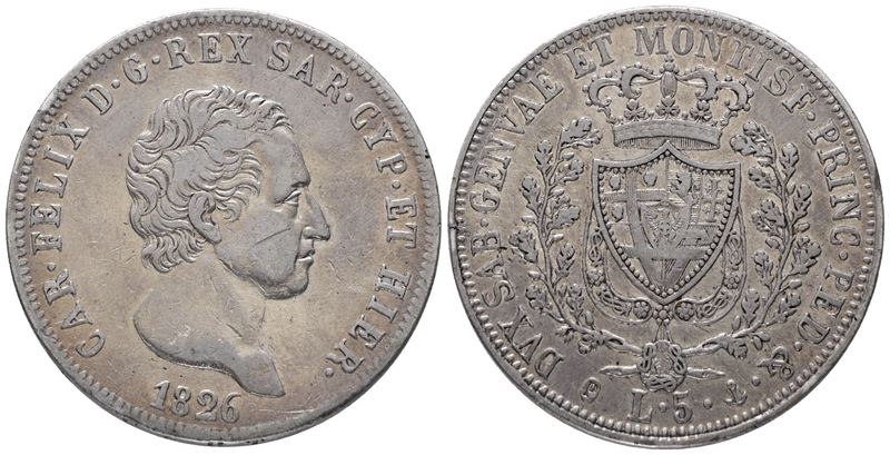 Regno di Sardegna. Genova. Carlo Felice (1821-1831). 5 Lire 1826. Gig.43; Ag; 24,8gr; 37mm