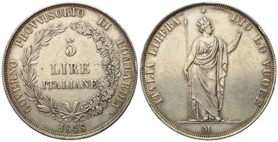 Milano. Governo Provvisorio di Lombardia. 5 Lire 1848 "stella Lontana, Rami Corti". Ag (24,92 G; ...