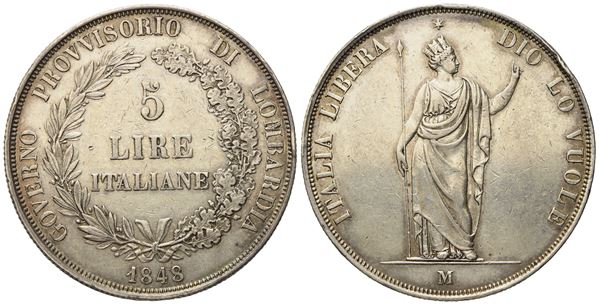 MILANO. Governo Provvisorio di Lombardia. 5 lire 1848 "Stella lontana, rami corti". Ag (24,92 g; 37,2 mm)  - Asta Monete e medaglie medievali e moderne italiane ed estere - Bertolami Fine Art - Casa d'Aste