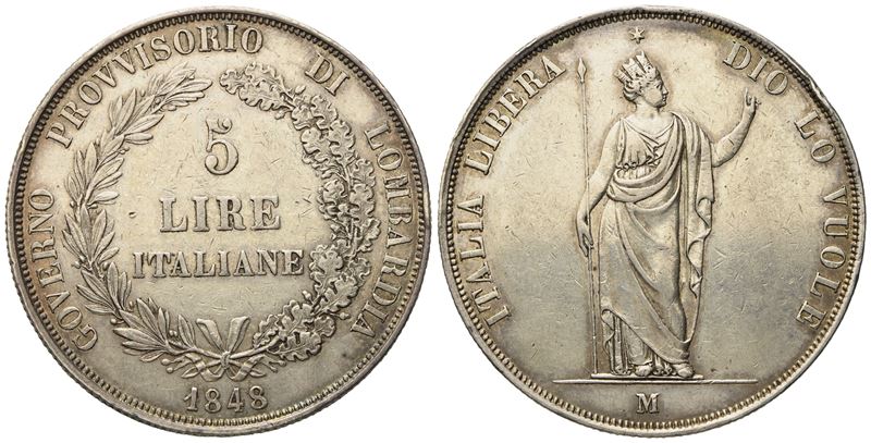 Milano. Governo Provvisorio di Lombardia. 5 Lire 1848 "stella Lontana, Rami Corti". Ag (24,92 G; ...