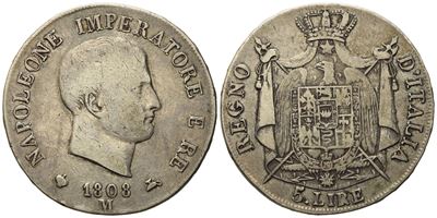Milano. Regno D'italia. Napoleone i (1805-1814). 5 Lire 1808, i Tipo. Ag (24,78 G; 36,5 MM)
