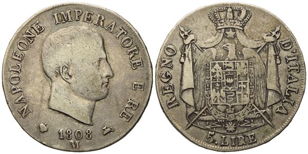 MILANO. Regno d'Italia. Napoleone I (1805-1814). 5 Lire 1808, I tipo. Ag (24,78 g; 36,5 mm)