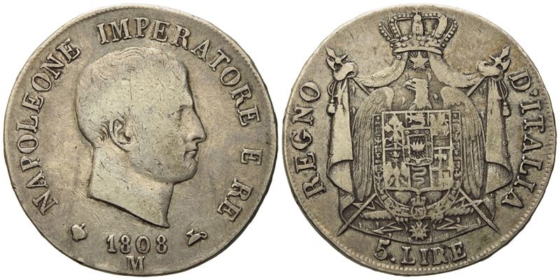 Milano. Regno D'italia. Napoleone i (1805-1814). 5 Lire 1808, i Tipo. Ag (24,78 G; 36,5 MM)