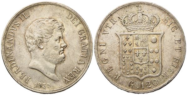 NAPOLI. Regno delle Due Sicilie. Ferdinando II di Borbone (1830-1859). Piastra da 120 Grana 1855. Ag (27,58 g; 36,8 mm)  - Asta Monete e medaglie medievali e moderne italiane ed estere - Bertolami Fine Art - Casa d'Aste