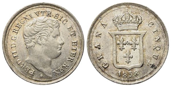 NAPOLI. Regno delle Due Sicilie. Ferdinando II di Borbone (1830-1859). Mezzo carlino da 5 grana 1838. Ag (1,13 g; 16,3 mm)  - Auction Modern Coins - Bertolami Fine Art - Casa d'Aste