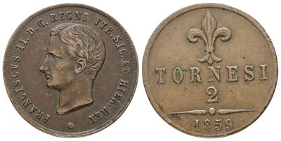 Napoli. Regno delle Due Sicilie. Francesco II di Borbone (1859-1860). 2 Tornesi 1859. Cu; 6,26gr;...