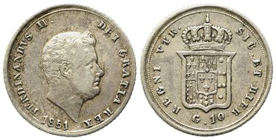Napoli. Regno delle Due Sicilie. Ferdinando II di Borbone (1830-1859). Carlino, 10 Grana 1851. Gi...