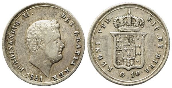 NAPOLI. REGNO DELLE DUE SICILIE. Ferdinando II di Borbone (1830-1859). Carlino, 10 Grana 1851. Gig. 166; Ag; 2,24gr; 18,6mm