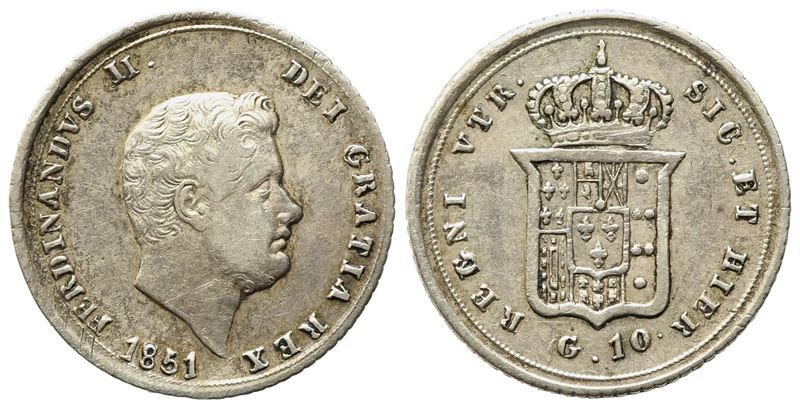 Napoli. Regno delle Due Sicilie. Ferdinando II di Borbone (1830-1859). Carlino, 10 Grana 1851. Gi...