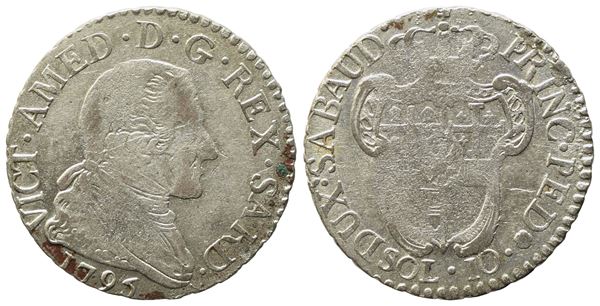REGNO DI SARDEGNA. Vittorio Amedeo III (1773-1796), 10 Soldi 1795. Ag; 2,64gr; 20,5mm
