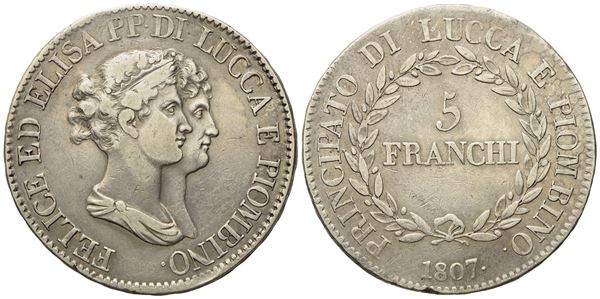 LUCCA. Principato di Lucca e Piombino. Elisa Bonaparte e Felice Baciocchi (1805-1814). 5 Franchi 1807. Ag (g 24,73; mm 37,3).  - Asta Monete e medaglie medievali e moderne italiane ed estere - Bertolami Fine Art - Casa d'Aste