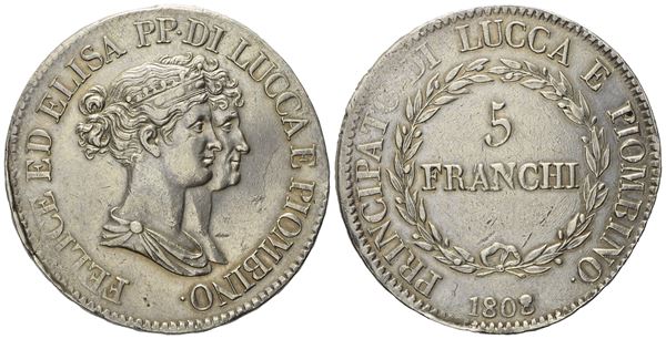 LUCCA. PRINCIPATO DI LUCCA E PIOMBINO. Elisa Bonaparte e Felice Baciocchi (1805-1814). 5 Franchi 1808 (4° tipo). Ag (24,87 g, 37,2 mm).  - Auction Modern Coins - Bertolami Fine Art - Casa d'Aste