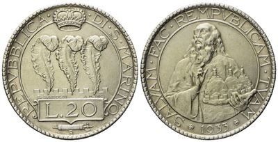 San Marino. Vecchia Monetazione (1864 - 1938). 20 Lire 1933. Ag (14,98 G; 35,3 MM).