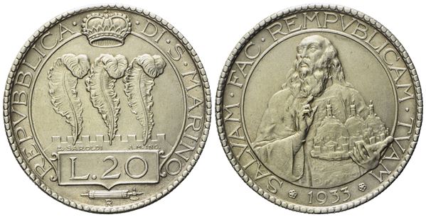 SAN MARINO. Vecchia monetazione (1864 - 1938). 20 Lire 1933. Ag (14,98 g; 35,3 mm).