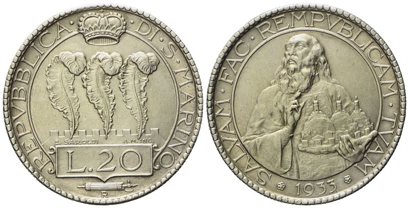 San Marino. Vecchia Monetazione (1864 - 1938). 20 Lire 1933. Ag (14,98 G; 35,3 MM).