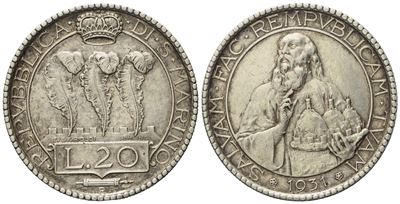 San Marino. Vecchia Monetazione (1864 - 1938). 20 Lire 1931. Ag (14,98 G; 35,5 MM).