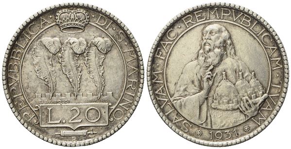 SAN MARINO. Vecchia monetazione (1864 - 1938). 20 Lire 1931. Ag (14,98 g; 35,5 mm).  - Auction Modern Coins - Bertolami Fine Art - Casa d'Aste