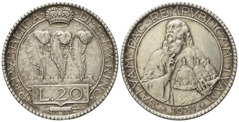 San Marino. Vecchia Monetazione (1864 - 1938). 20 Lire 1931. Ag (14,98 G; 35,5 MM).