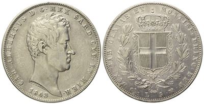 Regno di Sardegna. Genova. Carlo Alberto (1831 - 1849). 5 Lire 1843. Ag (24,77 G; 37,1 MM)