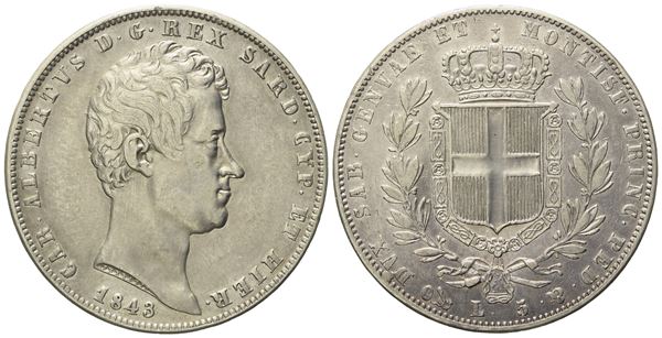 REGNO DI SARDEGNA. Genova. Carlo Alberto (1831 - 1849). 5 Lire 1843. Ag (24,77 g; 37,1 mm)