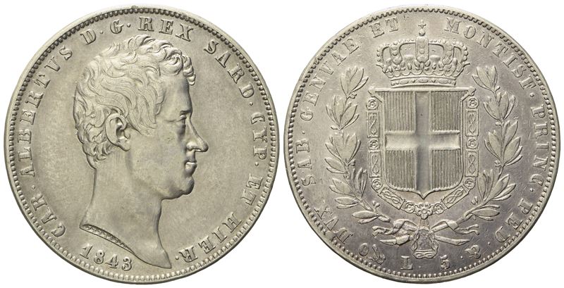 Regno di Sardegna. Genova. Carlo Alberto (1831 - 1849). 5 Lire 1843. Ag (24,77 G; 37,1 MM)