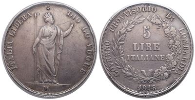 Milano. Governo Provvisorio di Lombardia (1848). 5 Lire 1848. Gig. 3. Ag; 25gr