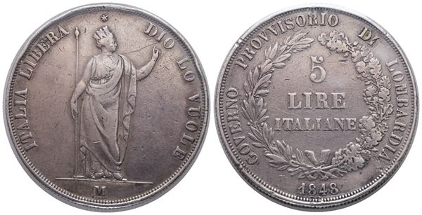 MILANO. Governo Provvisorio di Lombardia (1848). 5 Lire 1848. Gig. 3. Ag; 25gr