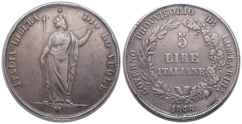Milano. Governo Provvisorio di Lombardia (1848). 5 Lire 1848. Gig. 3. Ag; 25gr
