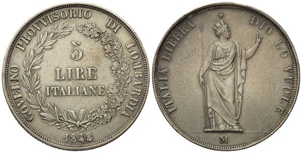 MILANO. Governo Provvisorio di Lombardia (1848). 5 Lire 1848 "stella vicina, rami corti, base spessa". Ag (24,95 g; 37,2 mm)