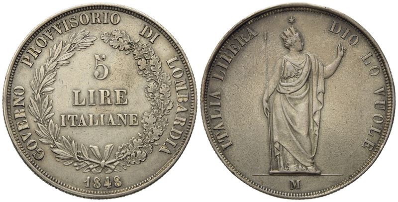 Milano. Governo Provvisorio di Lombardia (1848). 5 Lire 1848 "stella Vicina, Rami Corti, Base Spe...