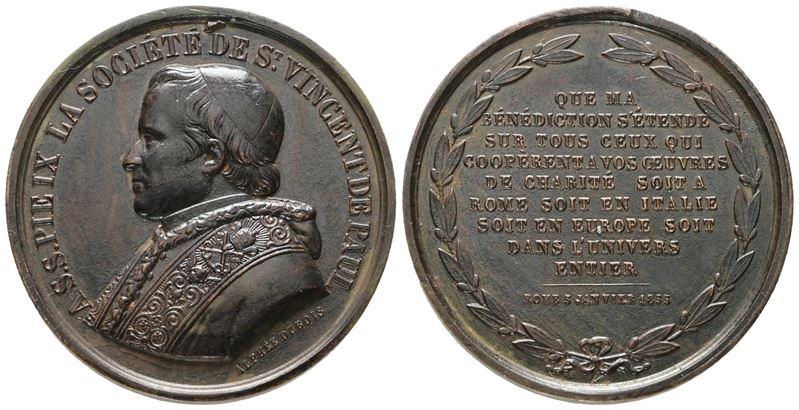 Stato Pontificio. Pio IX (1846-1878). Medaglia Straordinaria in Bronzo, Anno 1855, Società San Vi...