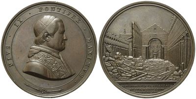 Stato Pontificio. Pio IX (1846-1878). Medaglia Ricostruzione della Basilica di San Paolo; Ae; 63,...