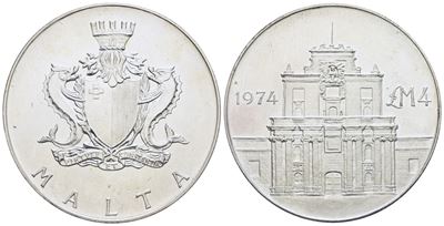 Malta. 4 Pound 1974; Ag (g 20; MM 37,8). Fdc