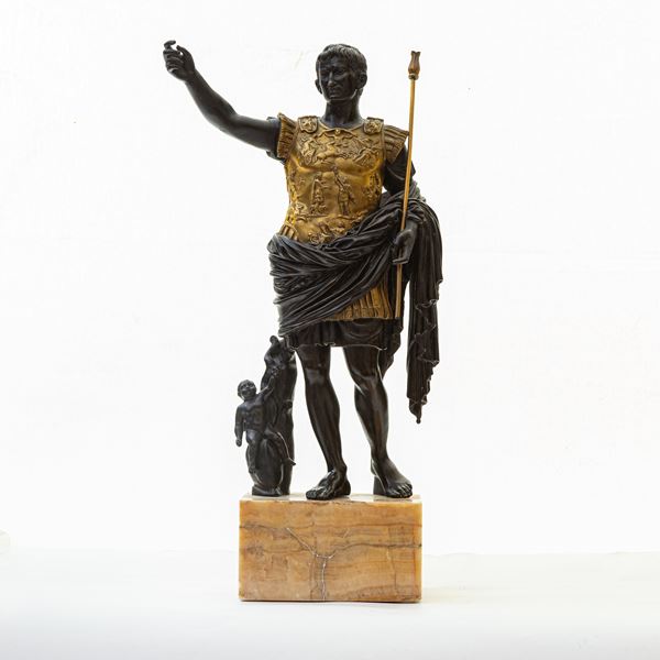 Augusto di Prima Porta, dal modello archeologico  (Roma, XIX secolo )  - Bronzo patinato nero e dorato - Asta Scultura, Bronzetti e Ceramiche dal XVI al XIX Secolo - Bertolami Fine Art - Casa d'Aste