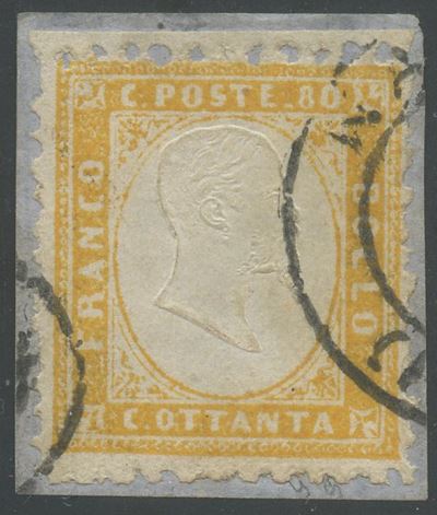 Regno d'Italia, Francobollo da 80 centesimi giallo arancio, n.4, usato