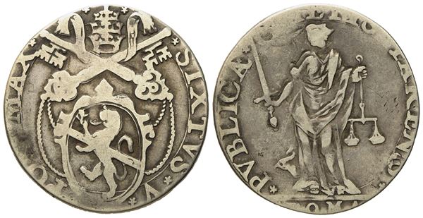 STATO PONTIFICIO. Roma. Sisto V (1585 - 1590). Testone "Allegoria della Giustizia". Ag (7,86 g; 27,94 mm).  - Asta Monete e medaglie medievali e moderne italiane ed estere - Bertolami Fine Art - Casa d'Aste