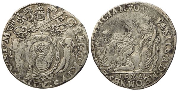 STATO PONTIFICIO. Roma. Gregorio XIII (1572 - 1585). Testone "Predica di Gesù". Ag (7,93 g; 29,02 mm).  - Asta Monete e medaglie medievali e moderne italiane ed estere - Bertolami Fine Art - Casa d'Aste