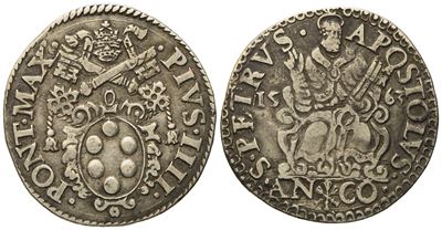 Stato Pontificio. Ancona. Pio IV (1559 - 1565). Testone "san Pietro". Ag (9,41 G; 30,14 MM).