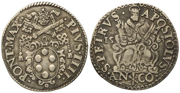 STATO PONTIFICIO. Ancona. Pio IV (1559 - 1565). Testone "San Pietro". Ag (9,41 g; 30,14 mm).  - Asta Monete e medaglie medievali e moderne italiane ed estere - Bertolami Fine Art - Casa d'Aste