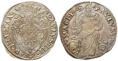 Stato Pontificio. Macerata. Paolo III (1534 - 1549). Giulio "san Paolo". Ag (3,33 G; 28,73 MM).